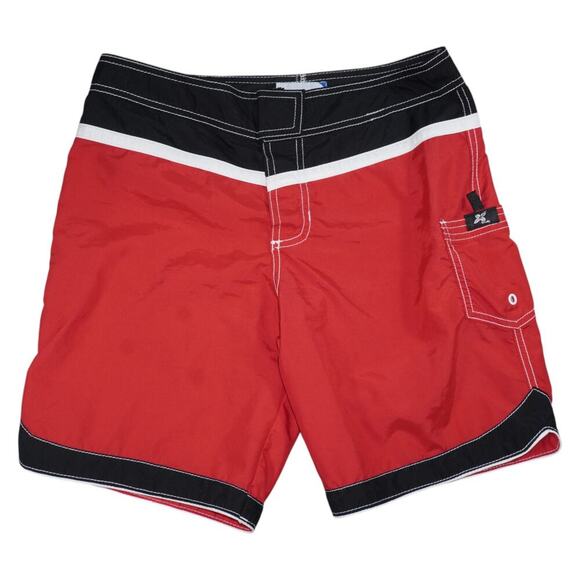 Rusty Board Shorts Red Black Colorblock Size 7 Made in USA Surf Swim Trunks - Picture 1 of 5